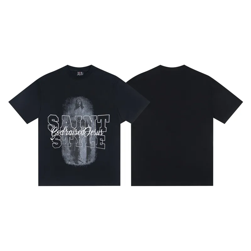100💰 S07# Mechao SAINT white ink direct-injection pure cotton 260g loose short-sleeved T-shirt 27 black, green S-XL